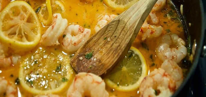 Shrimp cooked in butter, herbs, and lemon